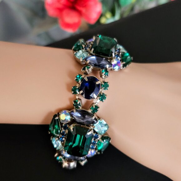 Vintage Jewelry - Vintage Green & Blue Rhinestone Chunky Bracelet